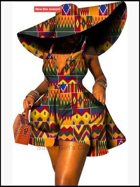 Traditional Ankara Kente Print Dress with Hat, Suspenders, Deep V-Neck, High